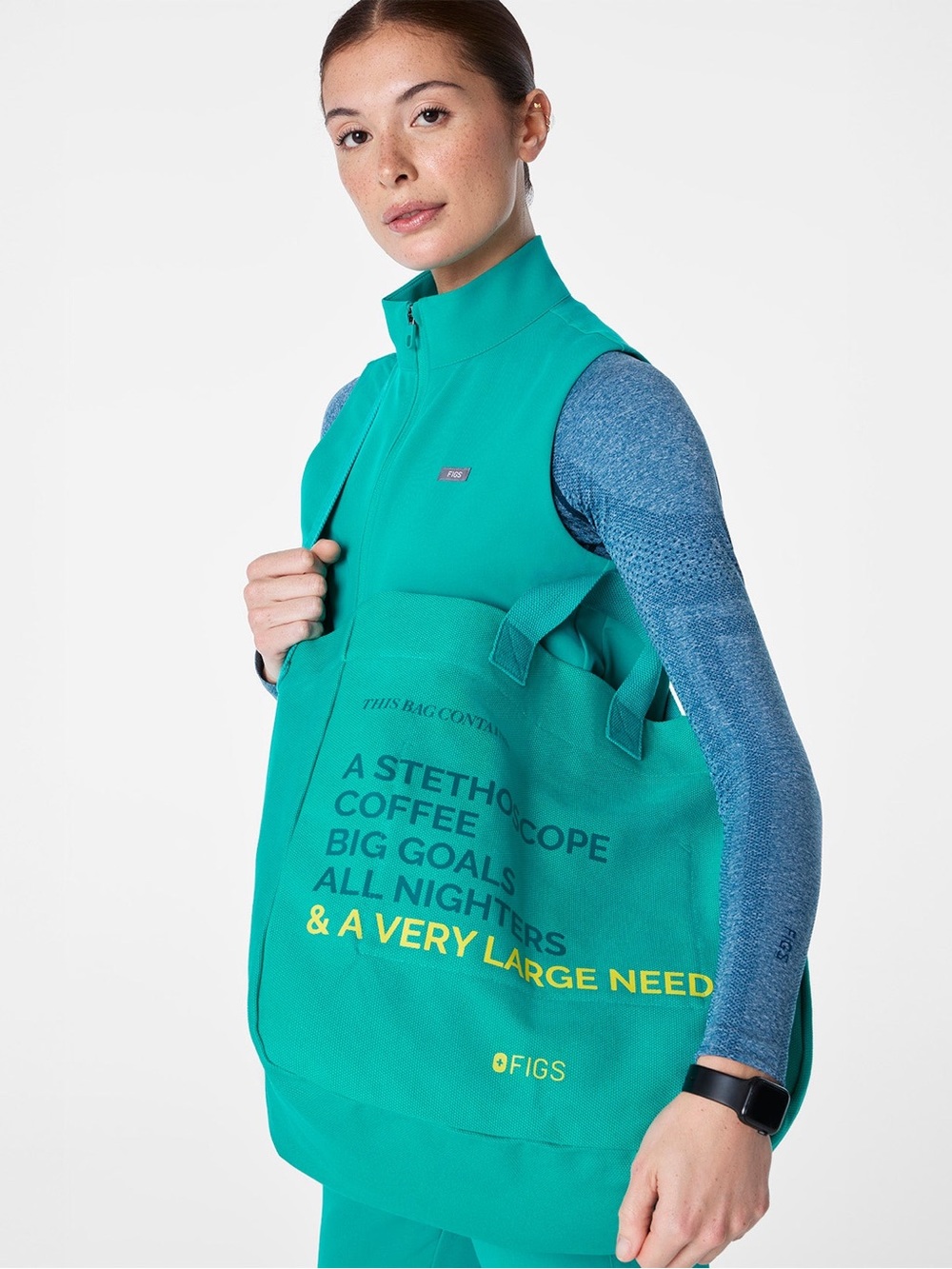 NWT FIGS A Very Large Needle Canvas Tote Emerald Green Nurse Work Travel Bag View 5